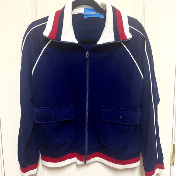 Vintage 70s Nordic Zip Up Sweater Jacket Navy Red White Retro Preppy Chaletcore - Picture 1 of 12